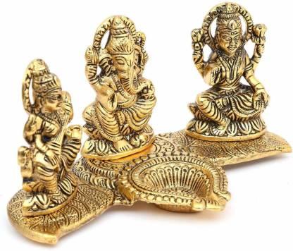 Gold Plated Lakshmi Ganesh Saraswati Idol with Diya Showpiece