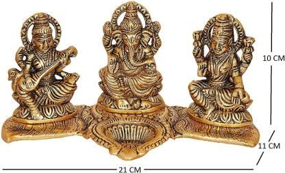 Gold Plated Lakshmi Ganesh Saraswati Idol with Diya Showpiece