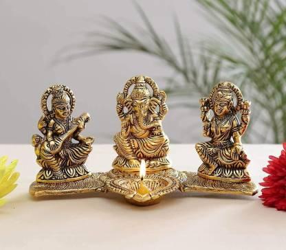 Gold Plated Lakshmi Ganesh Saraswati Idol with Diya Showpiece