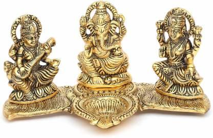 Gold Plated Lakshmi Ganesh Saraswati Idol with Diya Showpiece